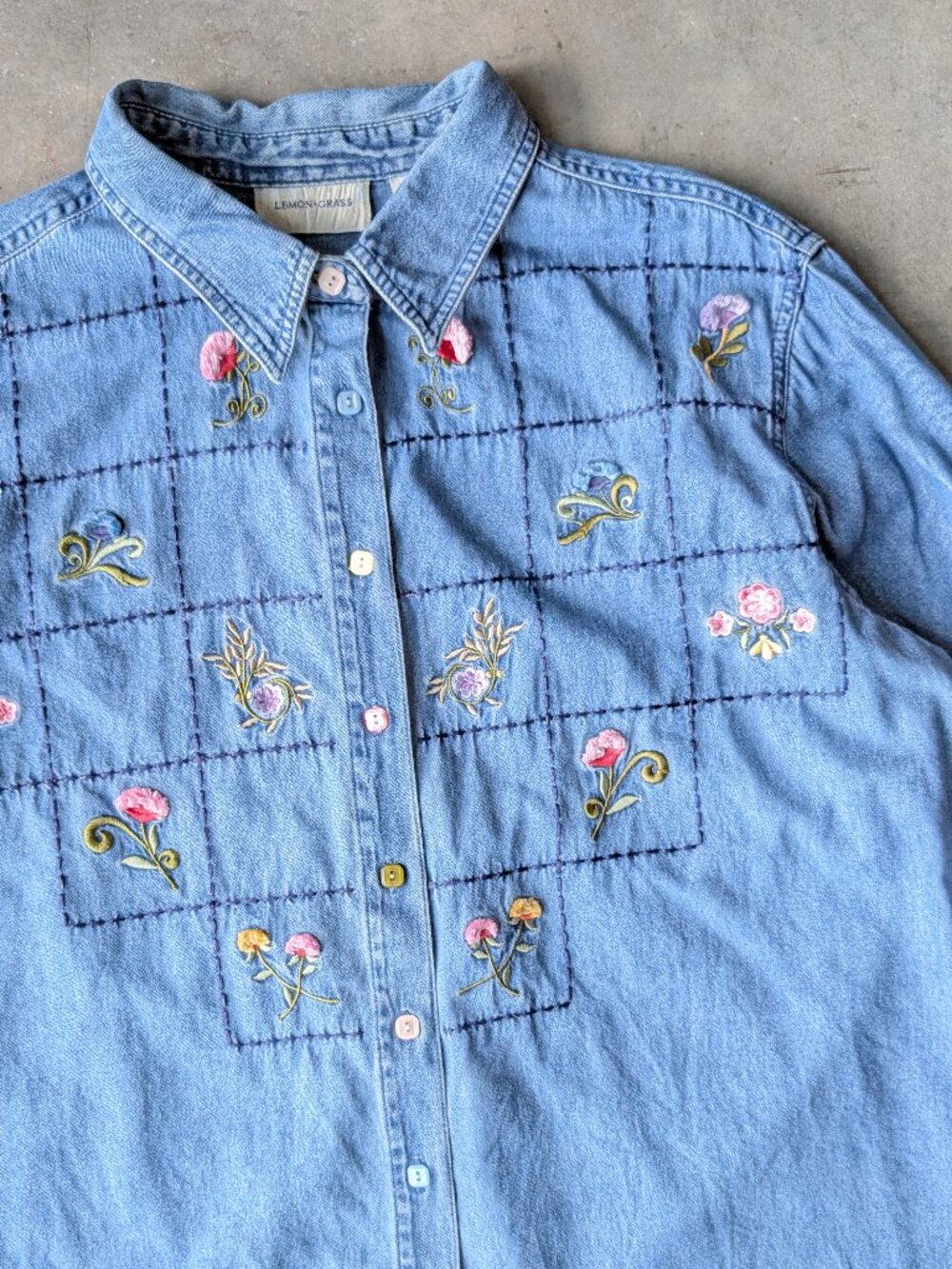 Vintage Coastal Grandma Blue Denim Floral Embroidered Button Down Shirt size 2X